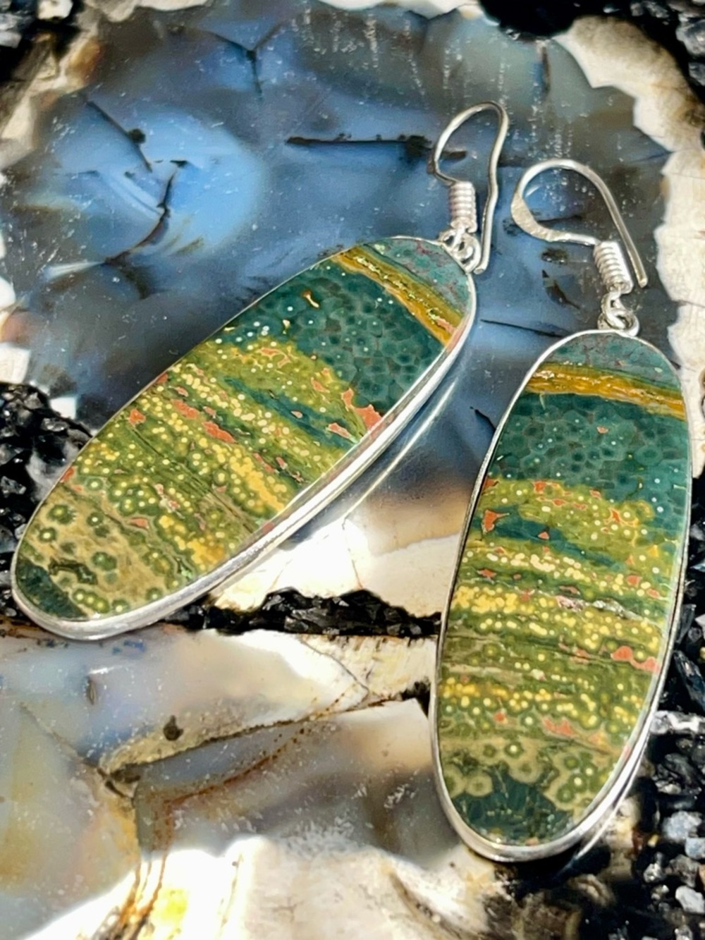 ❌SALE❌ Unnoticeable Hairline Crack Oval Ocean Jasper Earrings 2 1/2”